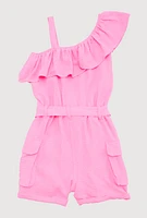 Girls Ruffle One Shoulder Cargo Romper, Pink, Size 10-12