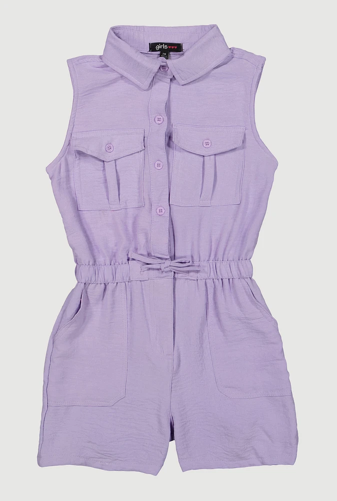 Girls Button Front Sleeveless Romper, Purple, Size 7-8