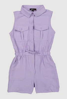 Girls Button Front Sleeveless Romper, Purple, Size 7-8
