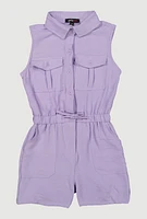Girls Button Front Sleeveless Romper, Purple, Size 7-8