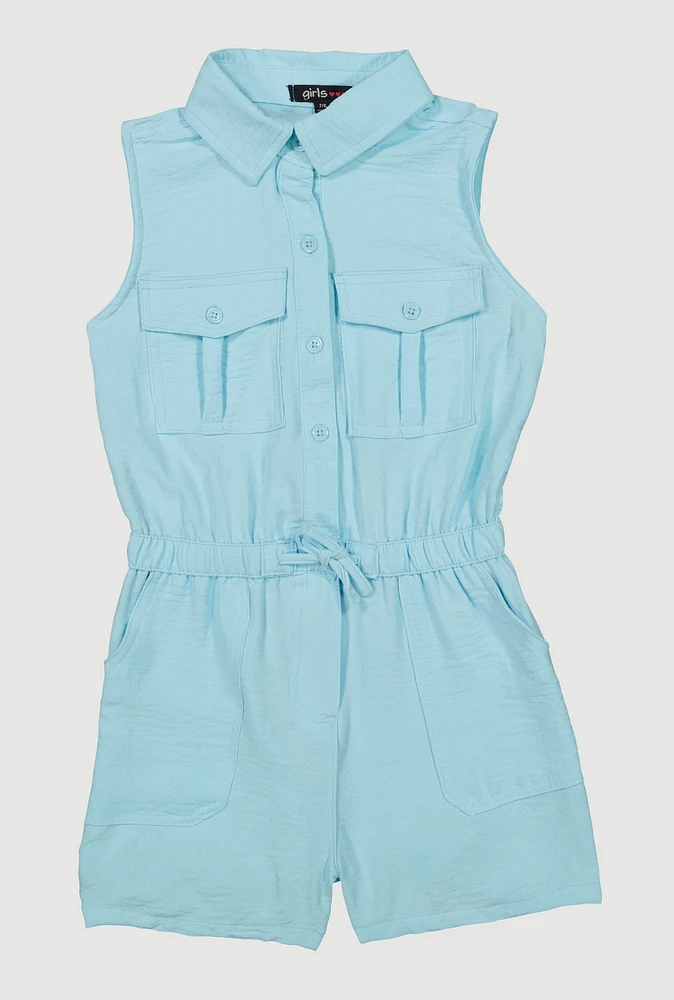 Girls Button Front Sleeveless Romper, Blue, Size 10-12