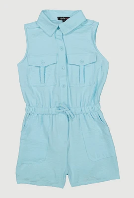 Girls Button Front Sleeveless Romper, Blue, Size 10-12