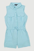 Girls Button Front Sleeveless Romper, Blue, Size 10-12