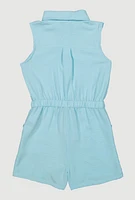 Girls Button Front Sleeveless Romper, Blue, Size 10-12