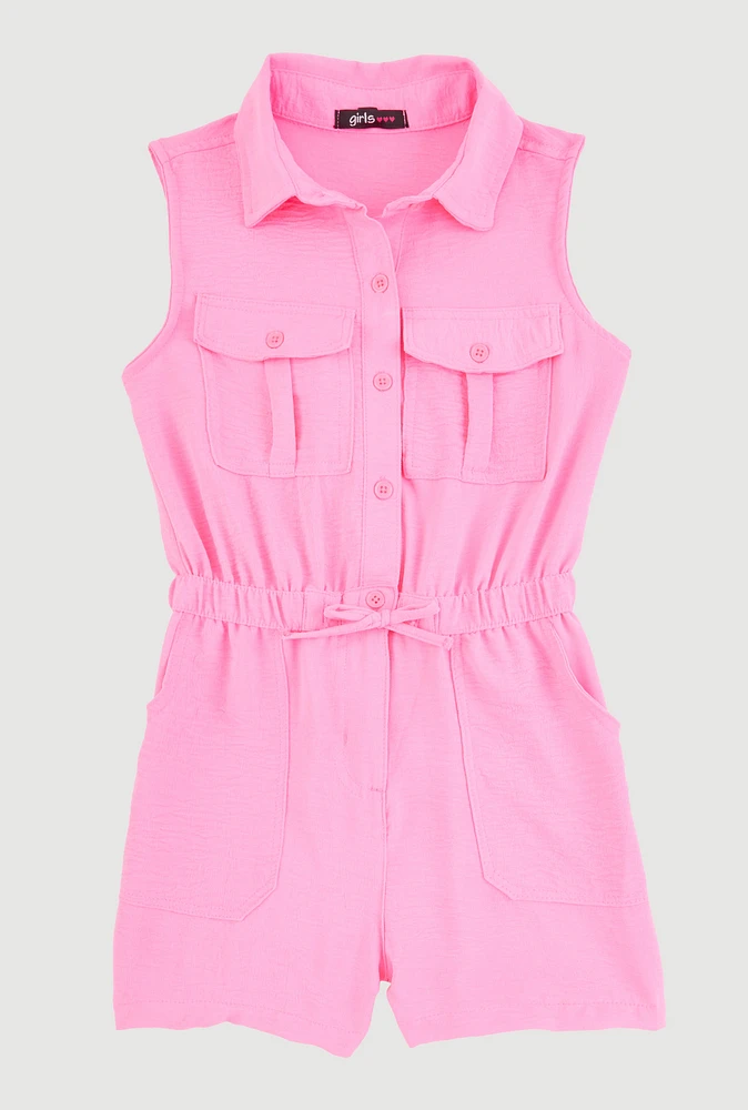 Girls Button Front Sleeveless Romper, Pink, Size 10-12
