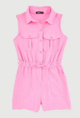 Girls Button Front Sleeveless Romper, Pink, Size 10-12