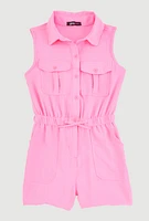 Girls Button Front Sleeveless Romper, Pink, Size 10-12