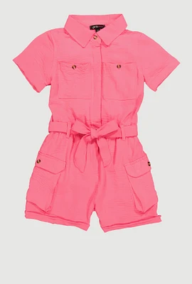 Girls Crepe Knit Tie Waist Belted Utility Romper, Pink, Size 14-16