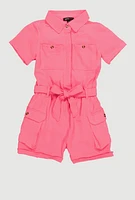 Girls Crepe Knit Tie Waist Belted Utility Romper, Pink, Size 14-16