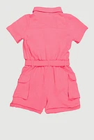 Girls Crepe Knit Tie Waist Belted Utility Romper, Pink, Size 14-16