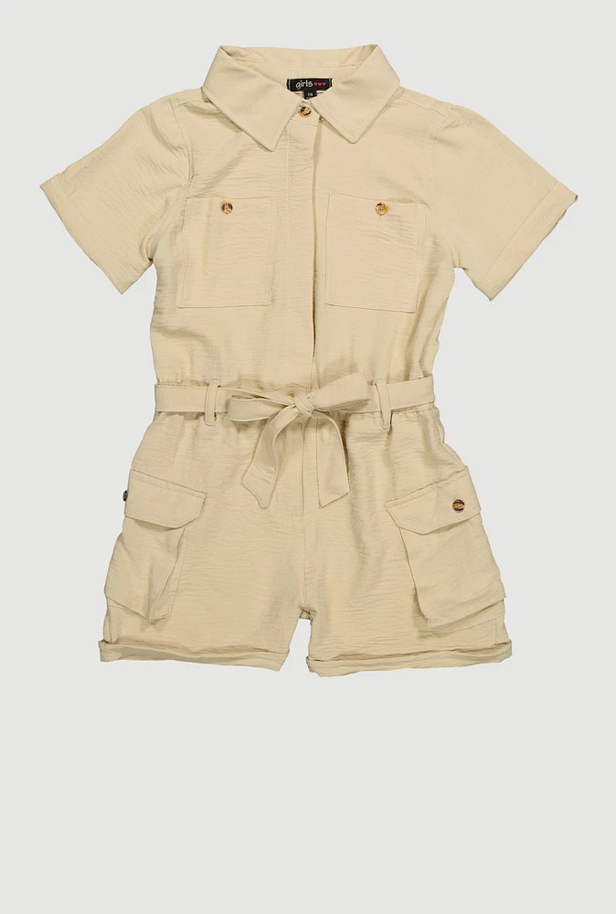 Girls Crepe Knit Tie Waist Belted Utility Romper,