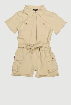 Girls Crepe Knit Tie Waist Belted Utility Romper,