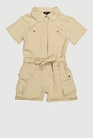 Girls Crepe Knit Tie Waist Belted Utility Romper,