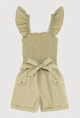 Girls Ruffled Sleeveless Smocked Romper, Green, Size 7-8