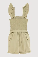 Girls Ruffled Sleeveless Smocked Romper, Green, Size 10-12