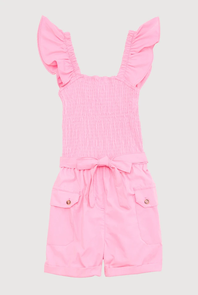 Girls Ruffled Sleeveless Smocked Romper, Pink, Size 7-8