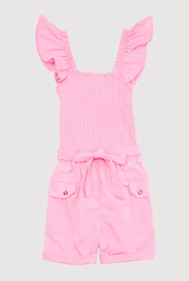 Girls Ruffled Sleeveless Smocked Romper, Pink, Size 7-8