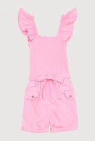 Girls Ruffled Sleeveless Smocked Romper, Pink, Size 7-8