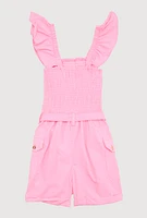 Girls Ruffled Sleeveless Smocked Romper, Pink, Size 7-8