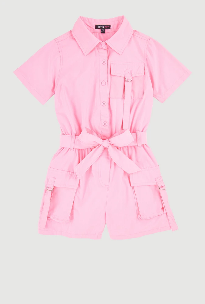 Girls Tie Waist Tabbed Utility Romper, Pink,