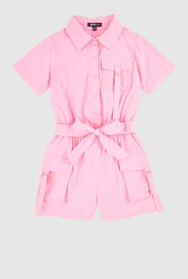 Girls Tie Waist Tabbed Utility Romper, Pink,