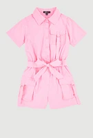 Girls Tie Waist Tabbed Utility Romper, Pink,