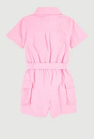 Girls Tie Waist Tabbed Utility Romper, Pink,