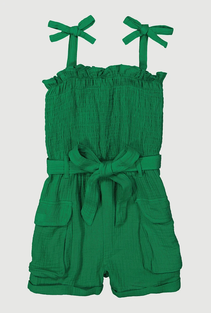 Girls Gauze Knit Tie Shoulder Smocked Cargo Romper, Green, Size 7-8