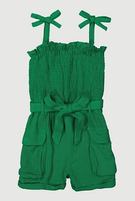 Girls Gauze Knit Tie Shoulder Smocked Cargo Romper, Green, Size 7-8