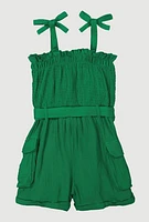 Girls Gauze Knit Tie Shoulder Smocked Cargo Romper, Green, Size 7-8