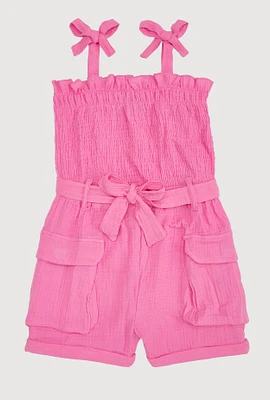 Girls Gauze Knit Tie Shoulder Smocked Cargo Romper,