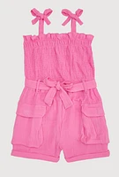 Girls Gauze Knit Tie Shoulder Smocked Cargo Romper,