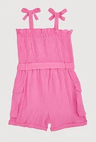 Girls Gauze Knit Tie Shoulder Smocked Cargo Romper,
