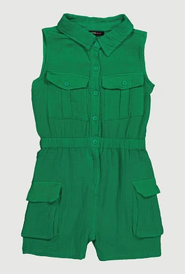 Girls Gauze Knit Sleeveless Utility Romper,