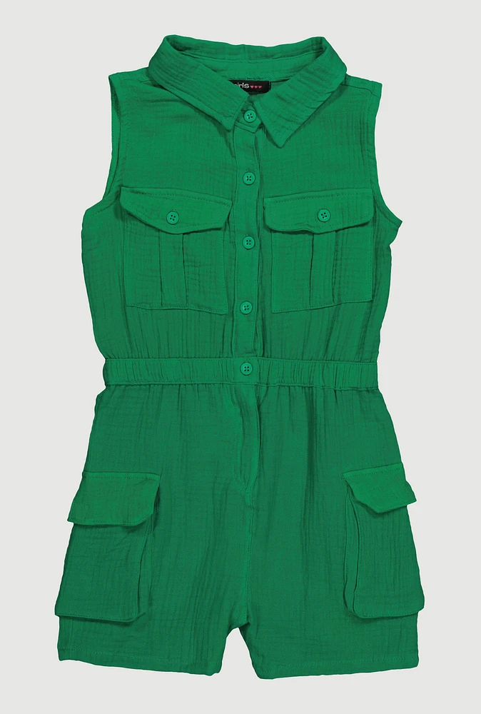 Girls Gauze Knit Sleeveless Utility Romper, 10-12