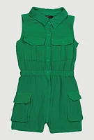 Girls Gauze Knit Sleeveless Utility Romper, 10-12