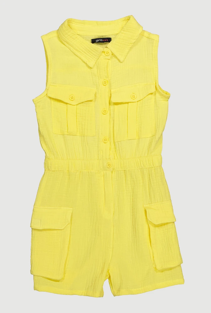 Girls Gauze Knit Sleeveless Utility Romper, Yellow, Size 14-16