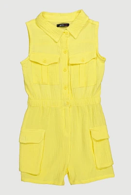 Girls Gauze Knit Sleeveless Utility Romper, Yellow, Size 14-16