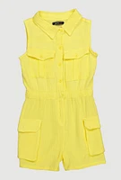 Girls Gauze Knit Sleeveless Utility Romper, Yellow, Size 14-16