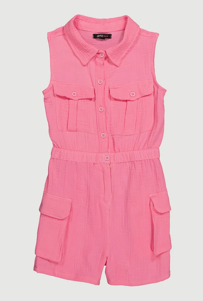 Girls Gauze Knit Sleeveless Utility Romper,
