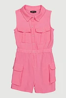Girls Gauze Knit Sleeveless Utility Romper,
