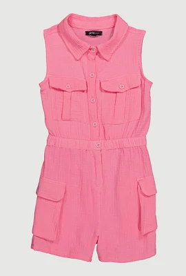 Girls Gauze Knit Sleeveless Utility Romper,