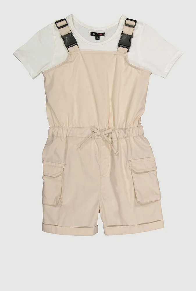 Girls Release Buckle Strap Cargo Romper with Top, Beige, Size 10-12