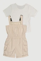 Girls Release Buckle Strap Cargo Romper with Top, Beige, Size 10-12