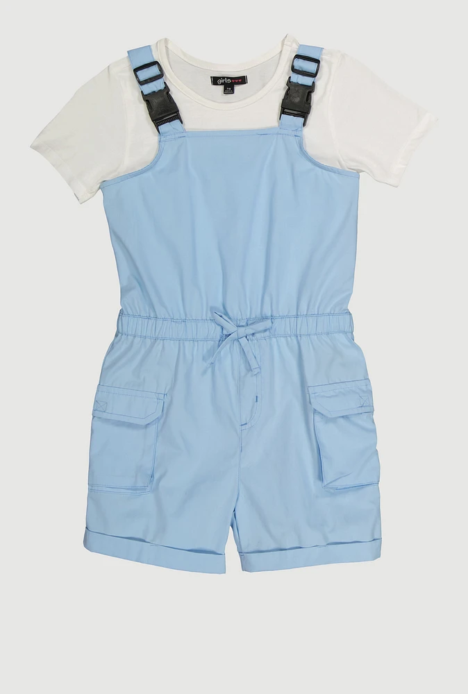 Girls Release Buckle Strap Cargo Romper with Top, Blue, Size 14-16