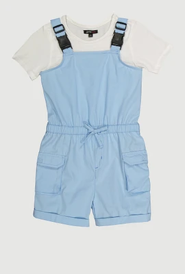Girls Release Buckle Strap Cargo Romper with Top, Blue, Size 14-16