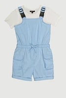 Girls Release Buckle Strap Cargo Romper with Top, Blue, Size 14-16