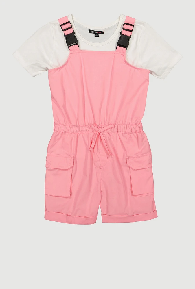 Girls Release Buckle Strap Cargo Romper with Top, Pink, Size 7-8