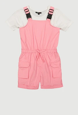 Girls Release Buckle Strap Cargo Romper with Top, Pink, Size 7-8