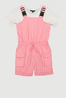 Girls Release Buckle Strap Cargo Romper with Top, Pink, Size 7-8